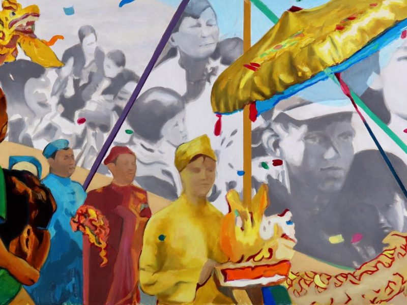 This painting combines glimpses of the past, present, and future that forms our Vietnamese-American experiences. In the black and white background, depicted are selected scenes of our history: of leaving Vietnam on boats, of the family and friends left behind, and of our allies in the war. In the colorful foreground, a parade is depicted that celebrates our Vietnamese traditions on new soil in our adopted homeland of America. A young child observes the festivities, carried on his father’s shoulders, representing the lineage of our Vietnamese traditions being shared with the next generation. It is on the shoulders of our parents and grandparents---their stories and their experiences---that our Vietnamese traditions and histories will be kept alive and help inform our lives as Vietnamese-Americans going forward into the future. –Thuan Vu, artist b. 1973 Saigon, Vietnam Professor of Art, Southern Connecticut State University