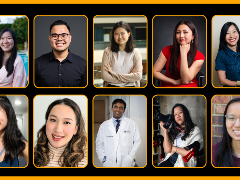 A collage of ten disabled AANHPI changemakers, arranged in two rows with a black background and gold borders around each photo. Top row (left to right): Vanni Le smiles in a pale pink dress outdoors; Khris Baizen wears a black button-up shirt and glasses; Saran Tugsjargal stands with arms crossed in a light sweater indoors; Marisa Hamamoto poses thoughtfully with her hand under her chin, wearing a bold red dress; Tiffany Yu smiles while holding her book The Anti-Ableist Manifesto and wearing a denim shirt. Bottom row (left to right): Jenny Mai Phan smiles in a navy spaghetti strap top indoors; Jennifer Miyaki smiles in a striped turtleneck and curls her long hair; Hari Srinivasan wears a white lab coat and leans slightly with a soft smile; Maddy Ullman holds a camera while seated in her red and black wheelchair, wearing a cream knit shawl; Olivia Hall smiles in front of a brick wall, wearing glasses and a maroon sweater.