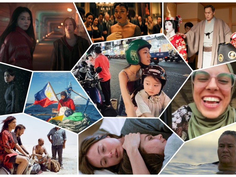 A collage of vibrant film stills featured in the first wave lineup of the 45th Annual Hawai‘i International Film Festival (HIFF45). The mosaic includes powerful portraits and cinematic scenes: two women walking through a red-lit tunnel, a glamorous woman at a formal gathering, traditional Japanese performers and a man in kimono, a woman in a hijab smiling in a video call, a young woman and child riding a scooter in an urban Asian city, a lone woman standing in the rain, a Filipino fisherman under a waving Philippine flag, a desert scene with travelers and donkeys, two women lying in bed sharing a tender moment, and a Native woman immersed in water at dusk. The image showcases a diverse and global array of stories centering Asian, Pacific Islander, and Indigenous perspectives.