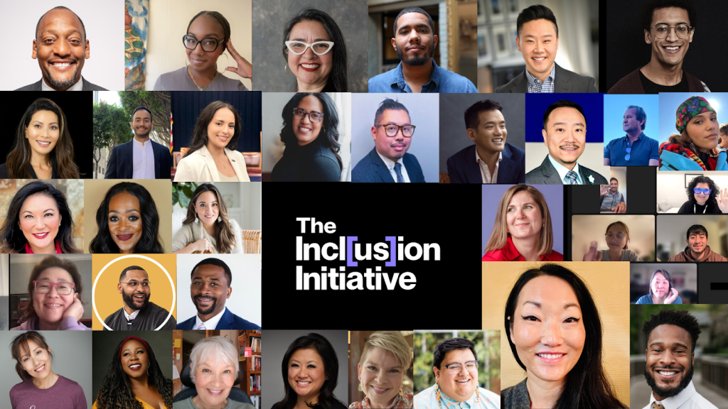 A large collage featuring over two dozen diverse professionals and leaders affiliated with The Inclusion Initiative. In the center, the organization’s logo appears in bold black text on a white background. The participants represent a wide range of racial, gender, and professional backgrounds, emphasizing diversity and inclusion.